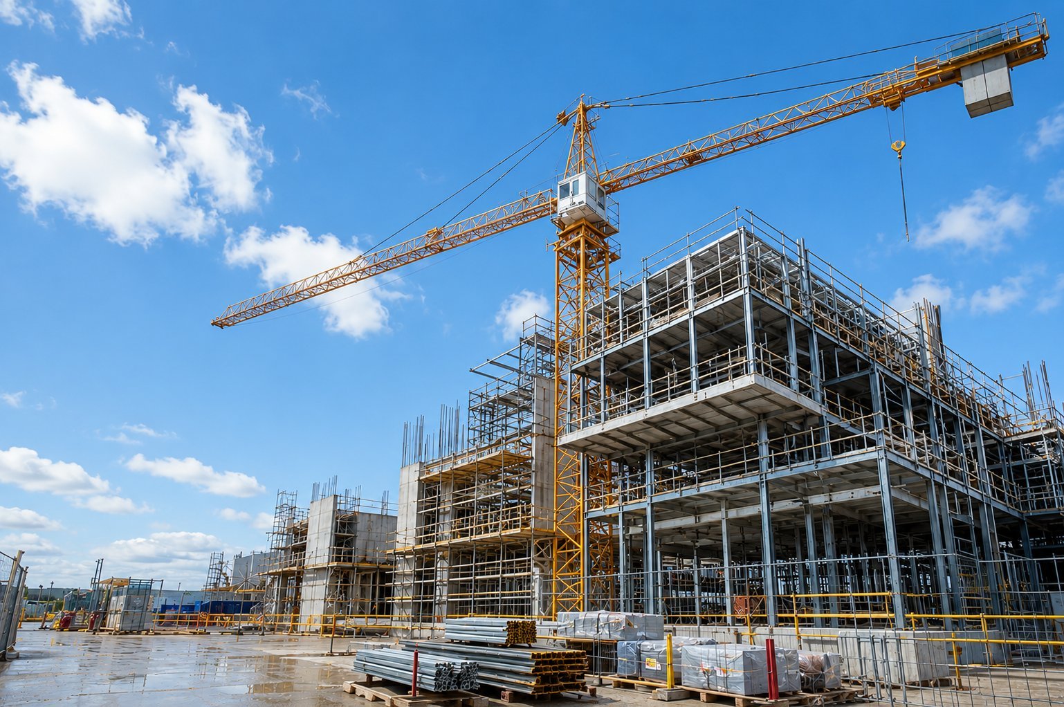 Structure d'un bâtiment en construction, grue à tour