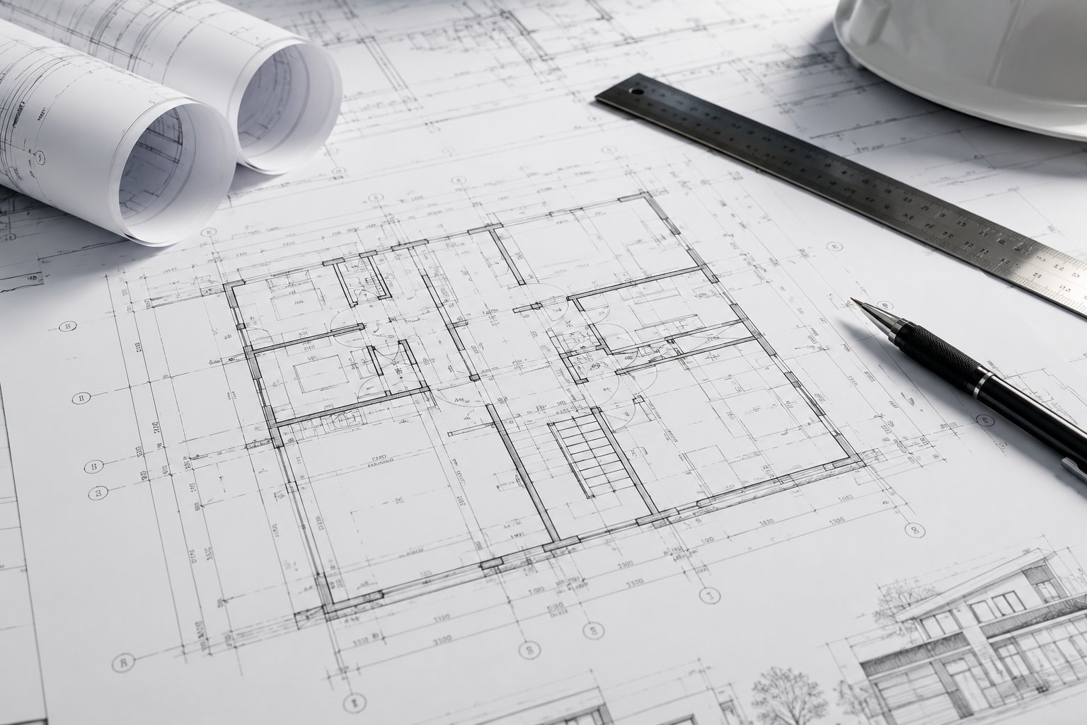 Plans d'architecte et outils de chantier